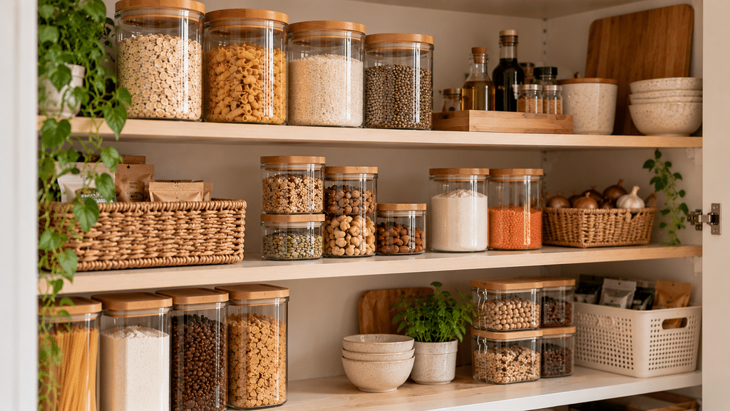 Hyperrealistischer, minimalistisch organisierter Vorratsschrank mit bewusst freien Flächen zwischen transparenten Vorratsgläsern, Körben und wenigen ausgewählten Lebensmitteln, gestaltet in warmen Beige- und Holztönen für einen ruhigen, luftigen Gesamteindruck.