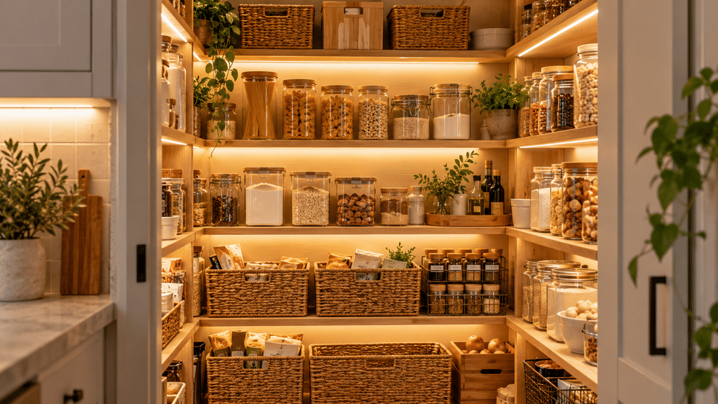 Organisierter Vorratsschrank mit warmweißer LED-Beleuchtung, Vorratsgläsern, Körben und Holzregalen für eine gemütliche und übersichtliche Aufbewahrung.